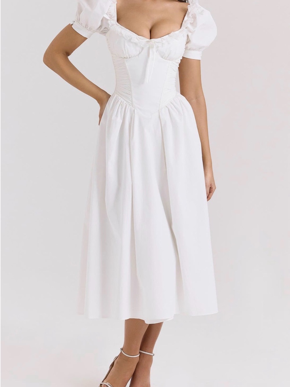 House of CB White Corset Puff-Sleeve Midi Dress